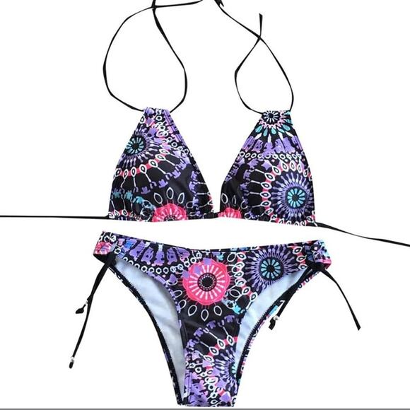 💗 3/$10 💗 NEW Mandala Geo Print Bikini Black Purple Size Small - Picture 3 of 5